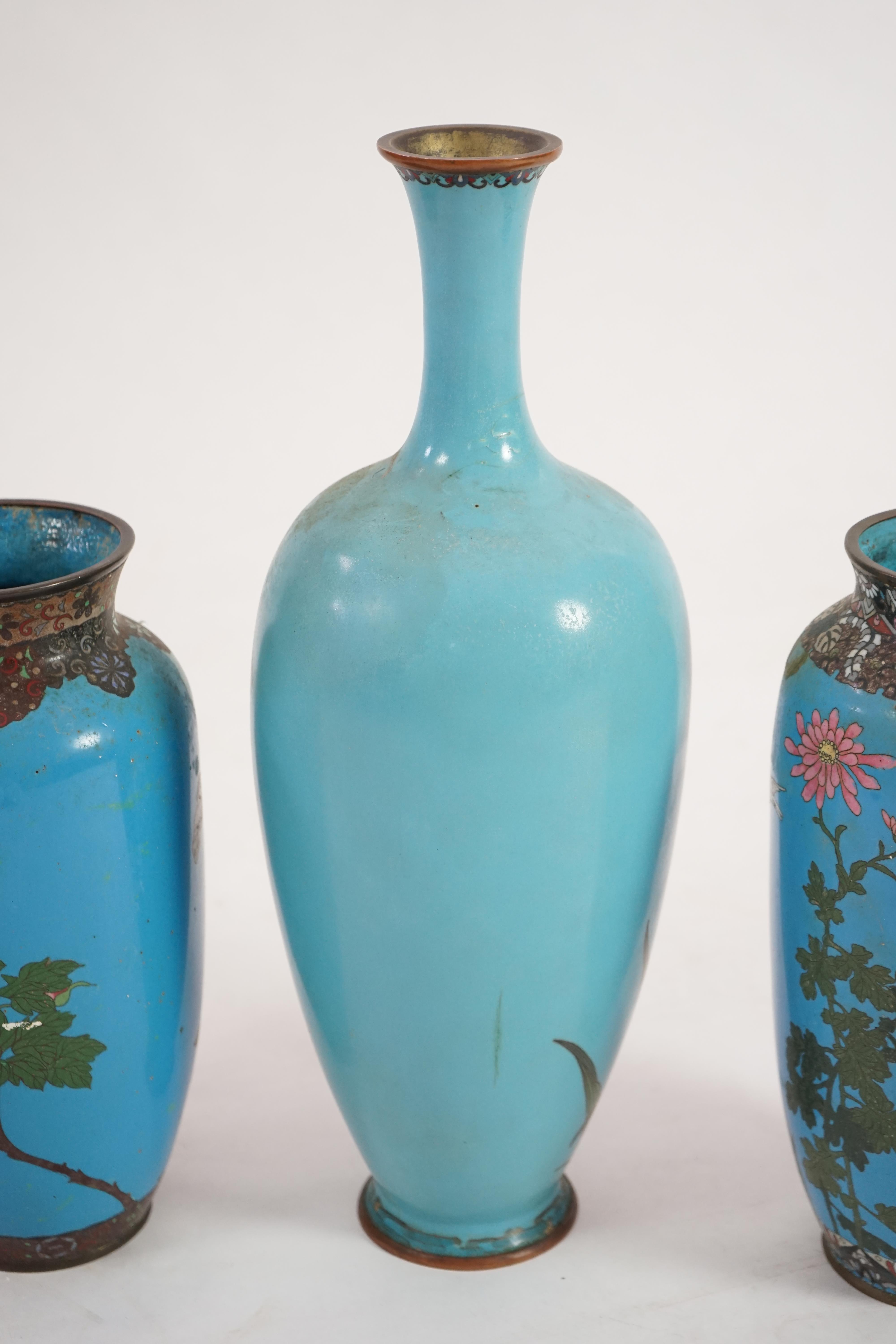 Three Japanese cloisonné vase, late Meiji period